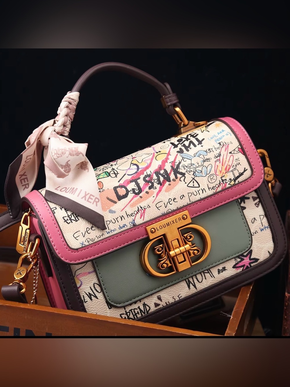 New designer inspired Graffiti Print Leather Top-Handle Bag in Pink and Green